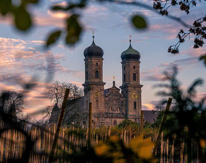 Die Türme der Schlosskirche in der Abenddämmerung.