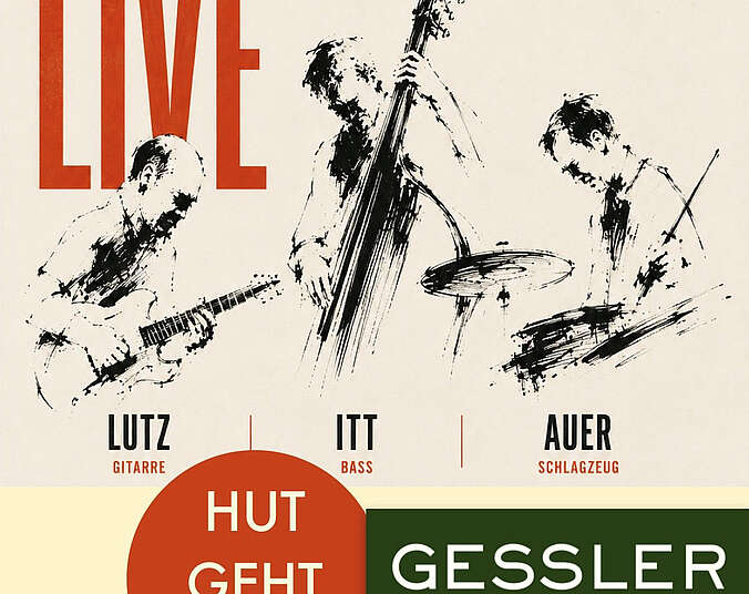 Plakat mit drei Männern, die eine Gitarre, Bass und Schlagzeug spielen.