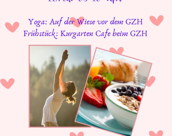 Rosafarbenes Plakat mit Yogafoto und Müslischale.
