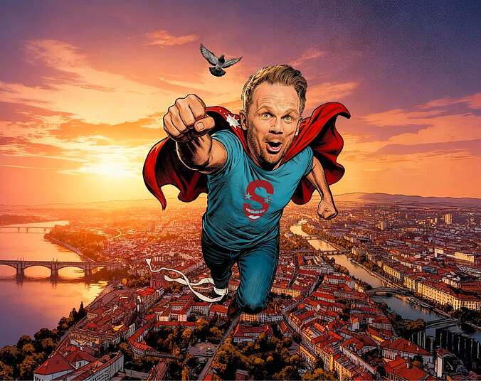 Ein Mann mittleren Alters in einem Superman-Kostüm fliegt über eine Großstadt, seine rechte Hand hat er zur Faust geballt und über seinem Kopf fliegt eine Taube. Er macht dabei ein freundlich-aufgeregtes Gesicht