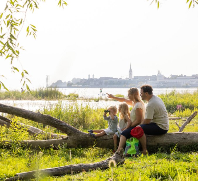 Familie sitzt auf Baumstamm am Bodensee