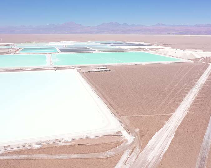 Aerial view Abermarle lithium evaporation ponds. Salar de Atacama, Chile, 2022