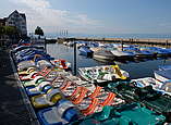 Tretboote am Hafen im Bodensee