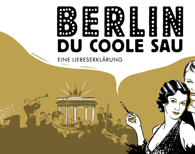 Zwei in Zeichentrick gemalte Frauen stehen rechts vom Bild und schauen in die Kamera, während eine eine Zigarette in der Hand hält und in deren Rauchwolke die Inschrift der Schow erscheinen. Die beiden Frauen sind im Stil der 20. Jahre gekleidet.