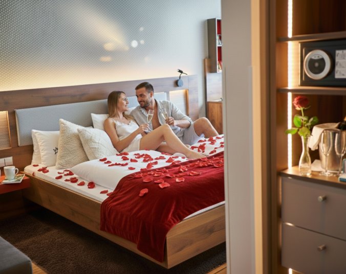 Eine Frau und ein Mann liegen mit einem Sektglas in der Hand auf einem Bett mit Rosenblueten.