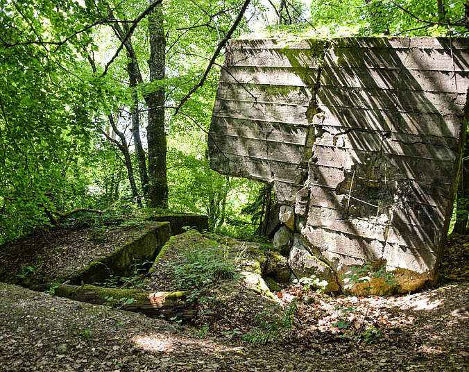 Ruinen im Wald bei Raderach als Überreste der Fundamente für die damaligen Transformatoren.
