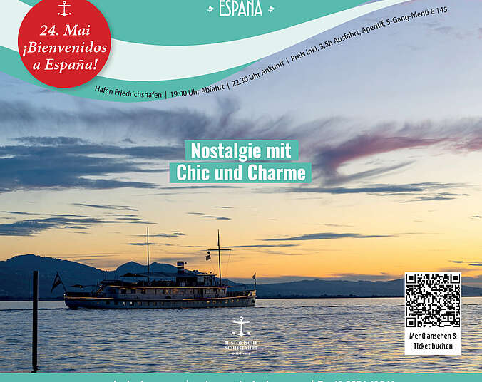 Plakat mit einem nostalgischen Schiff auf dem Bodensee fährt in den Sonnenuntergang.