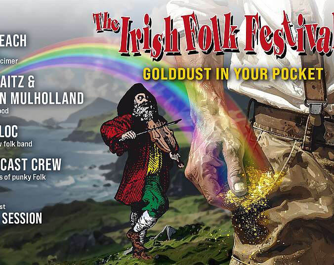 Ein gezeichnerter Mann in altmodischer Tracht hält eine Geige in der Hand, rechts von ihm ist starkt vergrößert der Oberschenkel eines Mannes zu sehen aus dessen Hosentasche goldene Partikel rausfallen