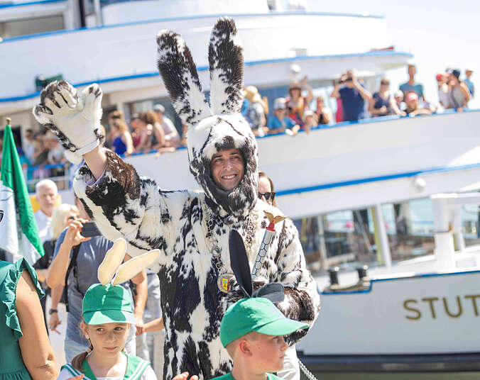 Winkender Seehas mit Schiff im Hintergrund