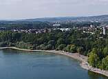 Luftbild Bodenseeufer Strand, Wald am Wasser