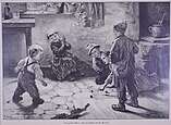 Holzstich "Ein großer Wurf" von M. Wunsch, 1885