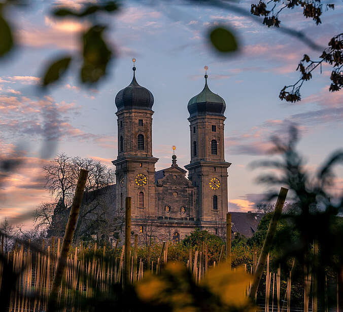 Die Türme der Schlosskirche in der Abenddämmerung.