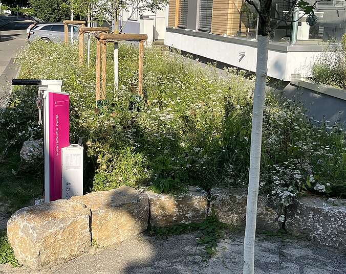 Kleine Grünfläche mit Fahrrad-Reparaturstation