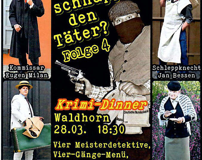 Flyer mit Fotos vom Kommissar, Agent, Fräulein Marpel und Schleppknecht Jan