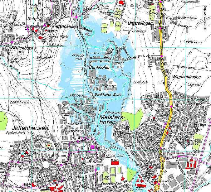 Kartenausschnitt mit markiertem Überschwemmungsgebiet