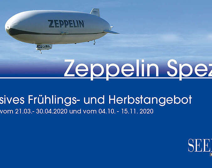 Fliegender Zeppelin vor blauem Himmel, darunter Schriftzug "Zeppelin Special"
