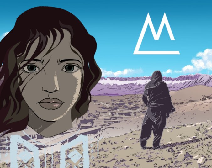 Comic-Kopf auf Landschaftsbild