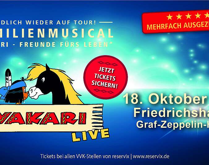 Ein in Zeichentrick gezeichneter kleiner Junge mit einer Feder um den Kopf und ein geflecktes Pferd mit heller Mähne die sich anschauen und dabei berühren sich die Nasen.