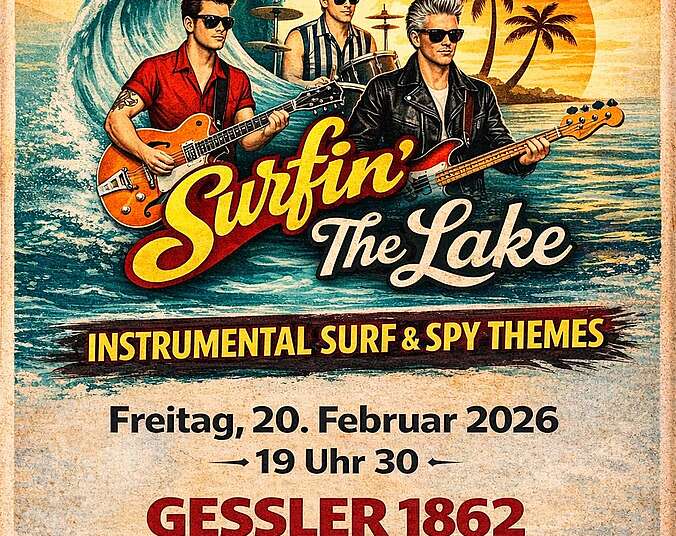 Plakat mit 3 Musikern im Sixtie Style - mit Titel Concert: Surfin' the lake.