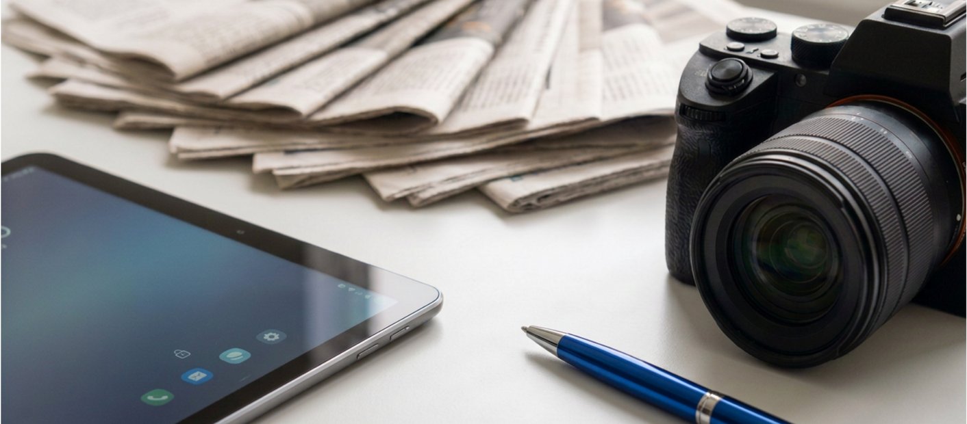 Tablet, Handy, Zeitung, Kamera auf dem Tisch
